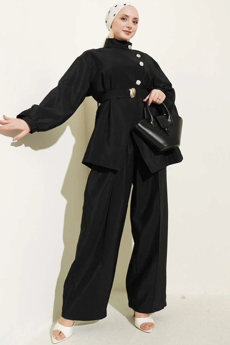 Cross-Front Metallic Button Set Black al por mayor clothing set - Hicabistan fábrica Turquía