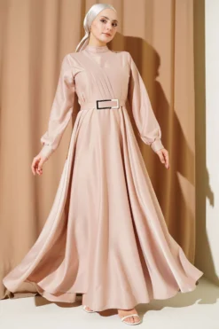 Cross Front Pleated Satin Dress Beige