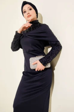 Gathered Front Sequin Evening Dress Navy Blue all'ingrosso dress view 2 - Hicabistan fabbrica Turchia