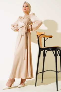 Satin Dress with Front Tie Detail Beige