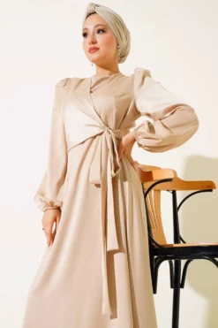 Alternative view of Satin Dress with Front Tie Detail Beige