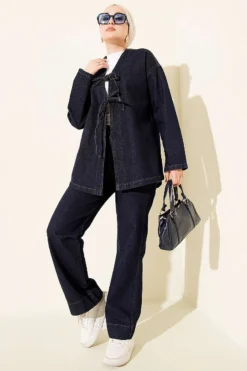 Front Tied Two-Piece Set Navy Blue wholesale clothing set - Hicabistan Turkey factory