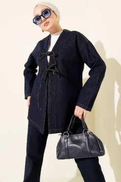Front Tied Two-Piece Set Navy Blue wholesale clothing set view 2 - Hicabistan Turkey factory