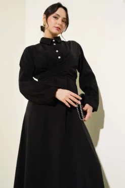 Alternative view of Tie-Front Half Button Tencel Dress Black