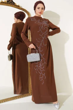 Front Stone-Embellished Plus Size Dress Tan