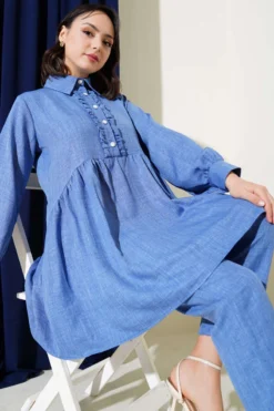 Alternative view of Button-Front Ruffled Two-Piece Set Indigo
