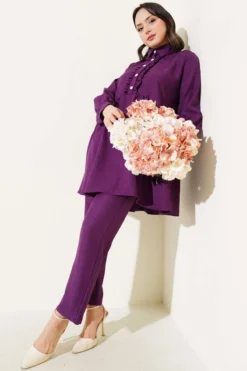 Button-Front Ruffled Two-Piece Set Purple