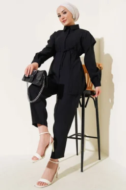 Front Pleated Tie-String Two-Piece Set Black