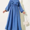 Ruffled Front Waist Elastic Dress Indigo