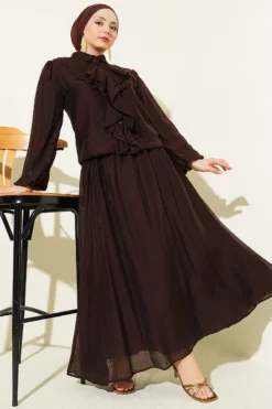 Ruffled Front Blouse and Skirt Set Brown