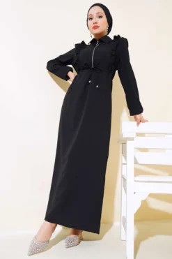 Ruffled Front Zipper Dress Black