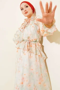 Ruffled Front Tie Waist Patterned Dress Mint groothandel dress view 2 - Hicabistan Turkije fabriek