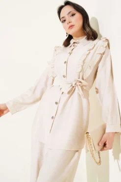 Ruffled Front Belted Two-Piece Set Beige wholesale clothing set view 2 - Hicabistan Turkey factory