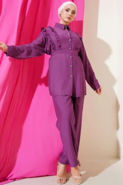 Ruffled Front Belted Two-Piece Set Lilac wholesale clothing set - Hicabistan Turkey factory