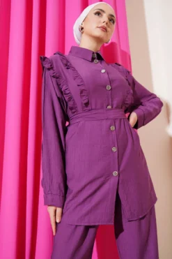 Ruffled Front Belted Two-Piece Set Lilac wholesale clothing set view 2 - Hicabistan Turkey factory