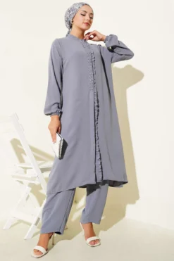 Ruffled Front Stone Detailed Two-Piece Set Grey