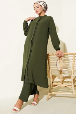 Ruffled Front Stone Detailed Two-Piece Set Khaki