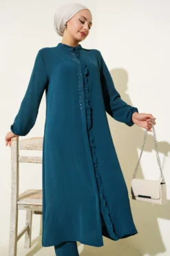 Alternative view of Ruffled Front Stone Detailed Two-Piece Set Petrol