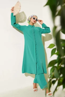 Ruffled Front Stone Detailed Two-Piece Set Green