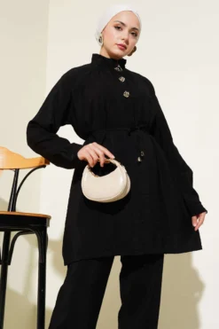 Alternative view of Zippered Front Belted Two-Piece Set Black