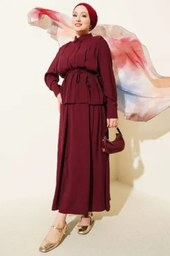 Wide Front Pleated Modal Skirt Set Burgundy