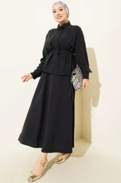Wide Front Pleated Modal Skirt Set Black