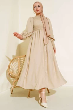 Gathers Front Dress Beige
