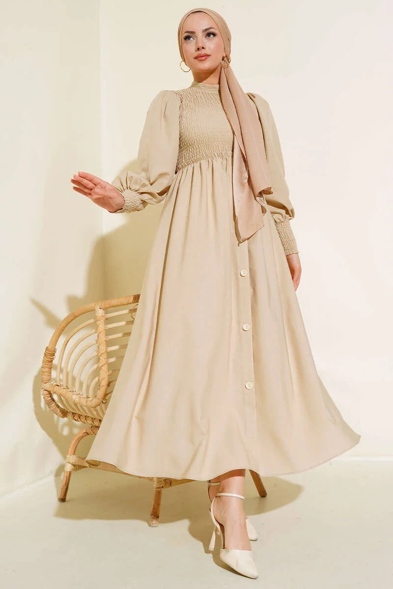 Gathers Front Dress Beige