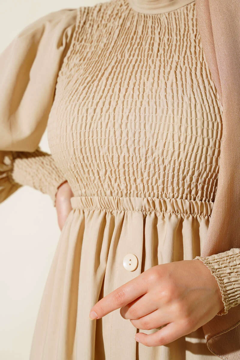 Gathers Front Dress Beige - الصورة 4