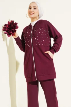 Pearl Zippered Front Two-Piece Set Burgundy wholesale clothing set view 2 - Hicabistan Turkey factory