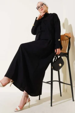 Front Tie Strap Dress Two-Piece Set Black