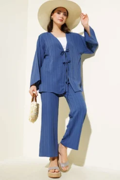 Front Tied Crinkled Two-Piece Set Indigo