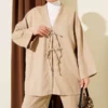 Front Tie Detail Two-Piece Set Beige wholesale clothing set view 2 - Hicabistan Turkey factory
