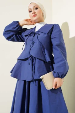 Blouse and Skirt Set with Ties Indigo wholesale clothing set view 2 - Hicabistan Turkey factory