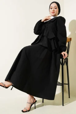 Blouse and Skirt Set with Ties Black wholesale clothing set - Hicabistan Turkey factory