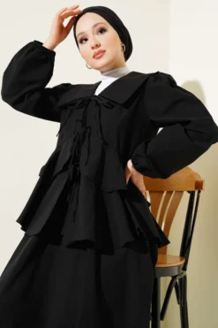 Blouse and Skirt Set with Ties Black wholesale clothing set view 2 - Hicabistan Turkey factory