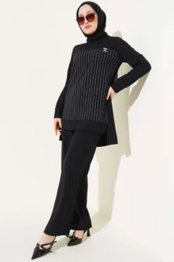 Alternative view of Striped Front Two-Piece Set Black