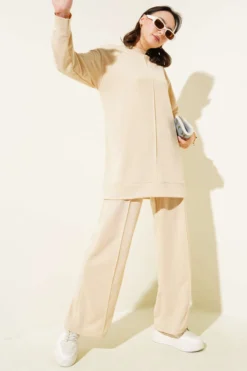 Basic Two-Piece Set with Front Cutout Beige wholesale clothing set - Hicabistan Turkey factory