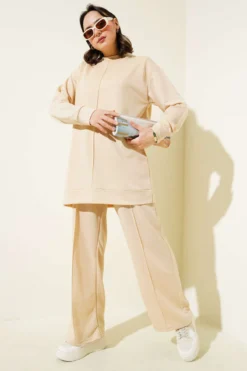 Basic Two-Piece Set with Front Cutout Beige wholesale clothing set view 2 - Hicabistan Turkey factory