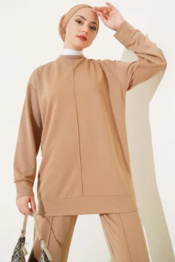 Basic Two-Piece Set with Front Cutout Camel wholesale clothing set view 2 - Hicabistan Turkey factory