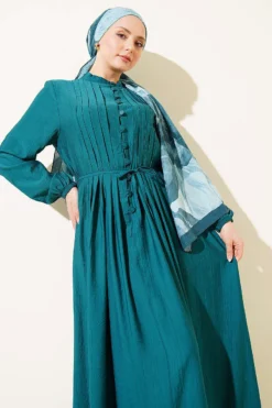 Buttoned Dress with Ribbed Front Emerald en gros dress view 2 - Hicabistan usine Turquie