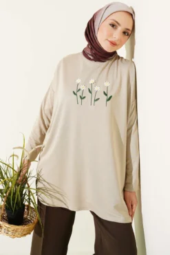 Embroidered Daisy Tunic Beige