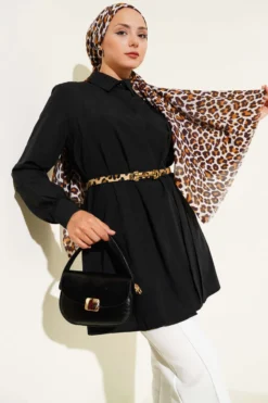 Tunic with Front Pleats and Tie Belt Black