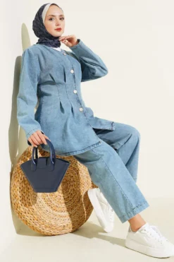 Front Pencil Denim Two-Piece Set Blue