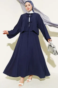 Pleated Front Tied Skirt Set Navy Blue