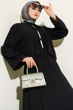 Pleated Front Tied Skirt Set Black all'ingrosso clothing set view 2 - Hicabistan fabbrica Turchia