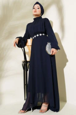 Pleated Belted Chiffon Evening Dress Navy Blue
