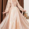 Pleated Tulle Evening Dress Beige