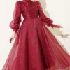 Pleated Tulle Evening Dress Burgundy Großhandel dress view 2 - Hicabistan Türkei Fabrik