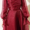 Pleated Tulle Evening Dress Burgundy Großhandel dress view 4 - Hicabistan Türkei Fabrik